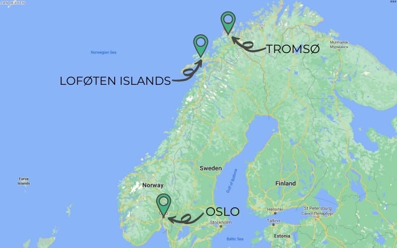 Map of Norway showing Oslo in the south and Tromso and the Lofoten Islands in the north above the Arctic Circle.