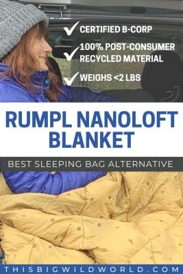 Rumpl Nanoloft Blanket - The best sleeping bag alternative. Certified B Corp. Me in the back of a vehicle with a golden Rumpl blanket.