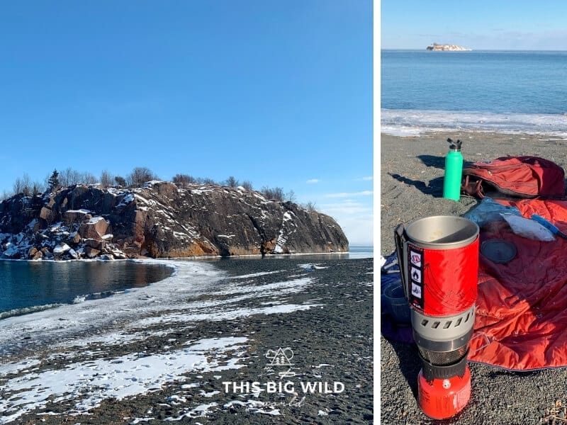 Left: Black Beach near Silver Bay Minnesota on Lake Superior covered in snow and ice. Right: backpacking stove, Rumpl blanket and water bottle on the beach in winter.