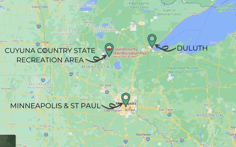 Overview map of Minnesota showing Minneapolis and St Paul to the south, Cuyuna Country State Recreation Area north to northwest and Duluth north to northeast near Lake Superior.