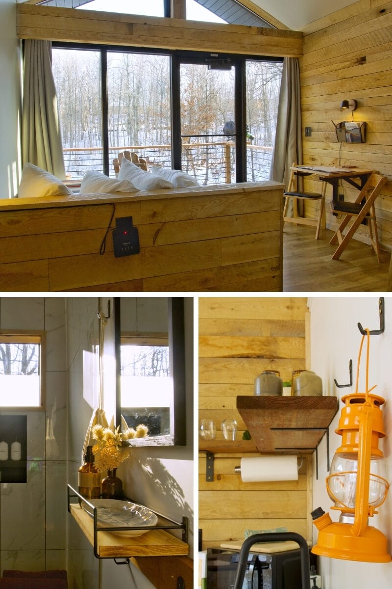 Inside of Cuyuna Cove June cabin. Top: View of bed looking out at woods through wall of windows. Interior lined with wood. Bottom left: Mirror and shelf next to shower in private bathroom. Bottom right: Orange lantern hangs on wall next to kitchen supplies.