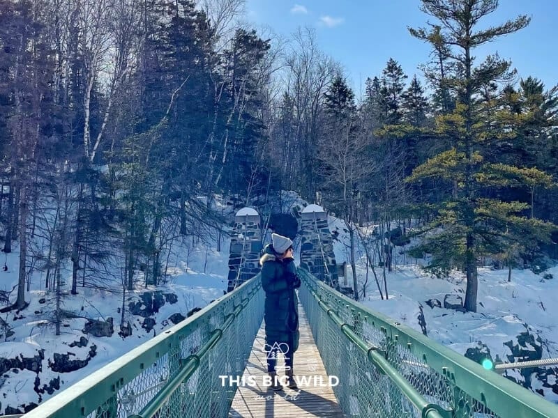Me in a big winter jacket and gray hat standing on a suspension bridge in winter with a snow covered forest behind me.