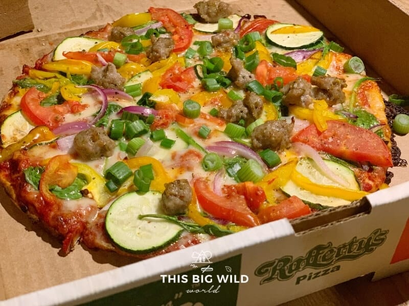 Closeup of Rafferty's veggie supreme specialty pizza in Crosby Minnesota.