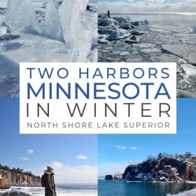 Text: Two Harbors Minnesota in Winter North Shore Lake Superior Images: Ice dams along Lake Superior shore, me standing on rocks looking out at an icy Lake Superior, me standing on a rock with the rugged shoreline behind me, black beach near silver bay in winter.