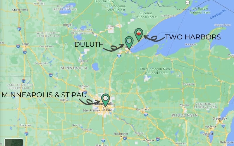 Overview map showing Minneapolis and St paul in central Minnesota and Two Harbors just north of Duluth on Lake Superior.