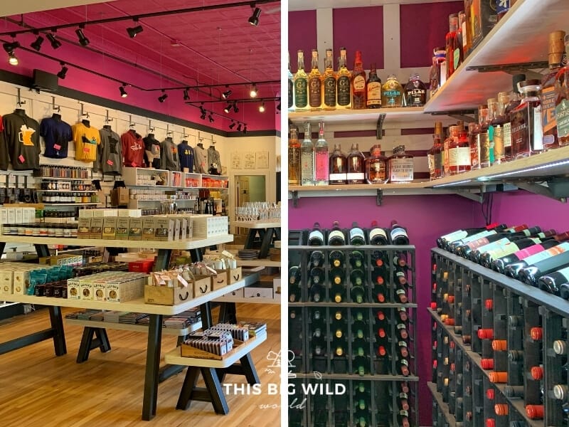 The interior of Victual, a shop in Crosby Minnesota, has a bright pink ceiling, white walls, and loads of Minnesota-themed gifts and gourmet foods plus wine!