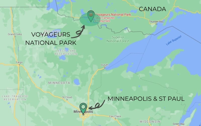 Map of Minnesota shows Minneapolis and St Paul in the southeastern part of the state and Voyageurs National Park on the northern border.