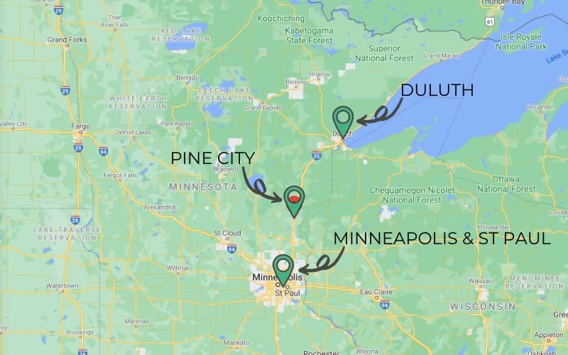 Map showing Minneapolis and St Paul in the south and Pine City north about halfway to Duluth.