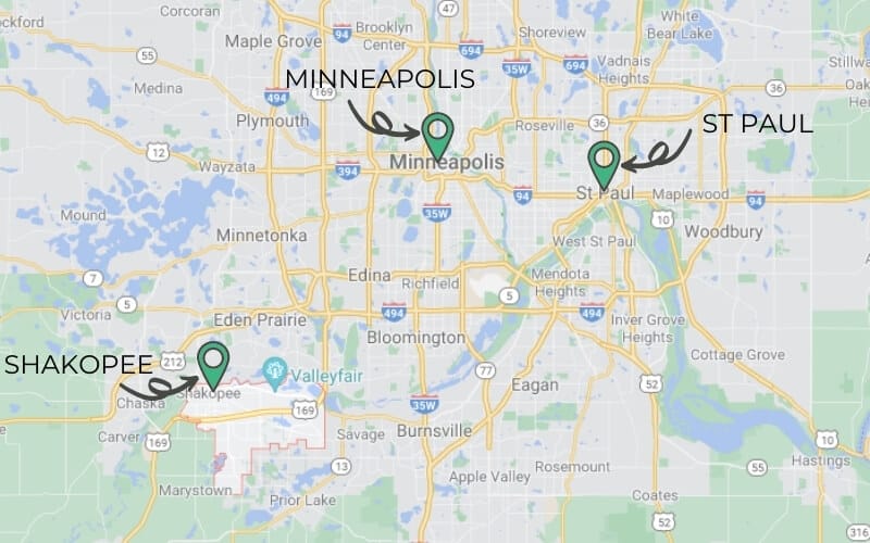 Overview map showing Shakopee about 30 miles southwest of Minneapolis and St Paul in Minnesota.