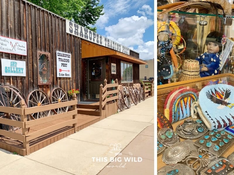 Left: The outside of Shakopee Trading Post is a small wooden building fashioned after an old time trading post. Right: A closeup of some of the Native American dolls, beadwork and belt buckles.