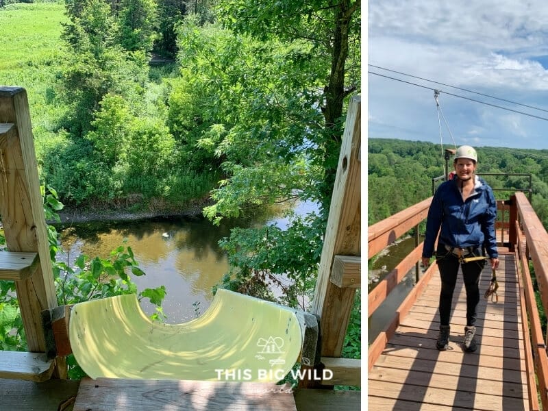 Left: View from the top of a zipline over Sand Creek with a yellow slide to slide down as you leave the platform. Right: Me with my harness on standing at the top of the zipline platform.