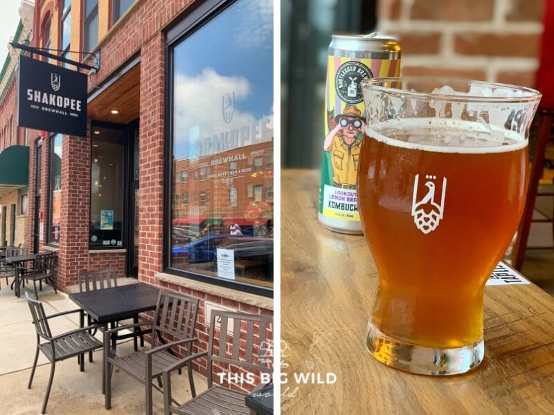 Left: Street view of Shakopee Brewhall on the main street in downtown Shakopee. It's a brick building with black tables along the sidewalk. Right: A closeup of a pint of beer and a can of kombucha behind it inside Shakopee Brewhall.