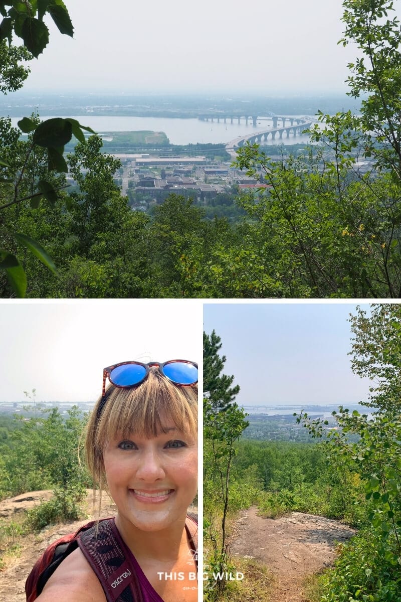 Top: Peekaboo view of the Richard Bong Memorial Bridge which connects Duluth to Wisconsin over the St Louis River. Bottom Left: A view of the Duluth lift bridge and Lake Superior over my shoulder from Brewer Park Loop Trail. Bottom Right: The John Blatnik Memorial Bridge as seen from the Brewer Park Loop Trail.