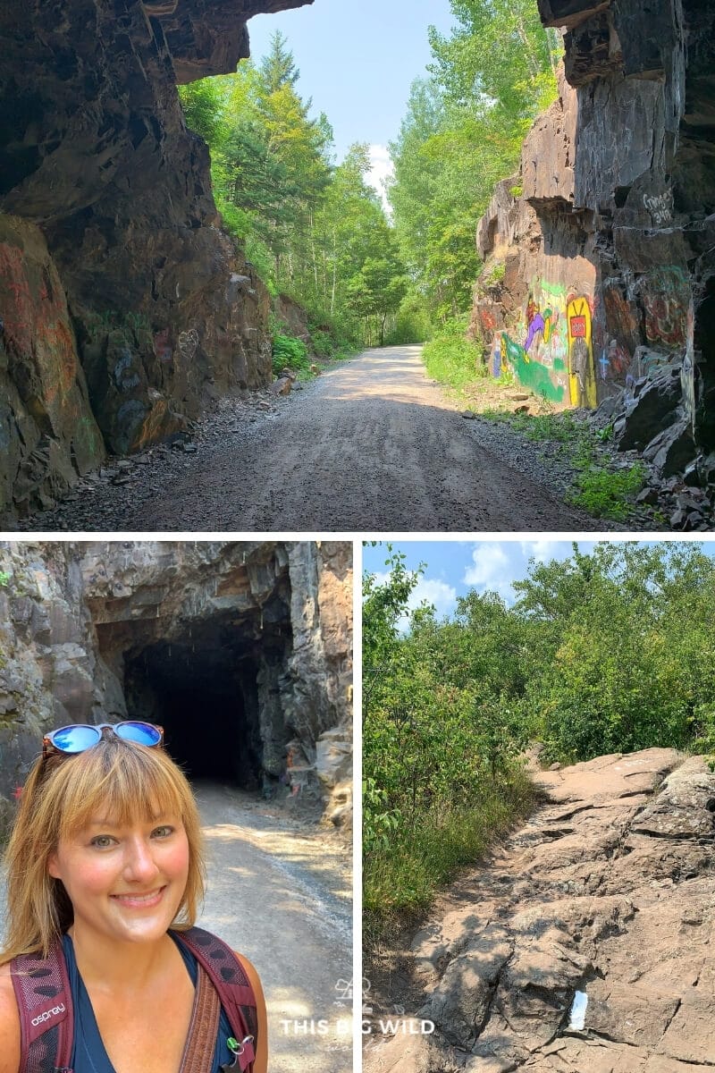 Top: View from inside of the DWP Tunnel on the Ely's Peak trail. Bottom Left: Me standing in front of the DWP tunnel entrance. Bottom Right: A white blaze, indicating an SHT spur trail, on a rock along the trail.