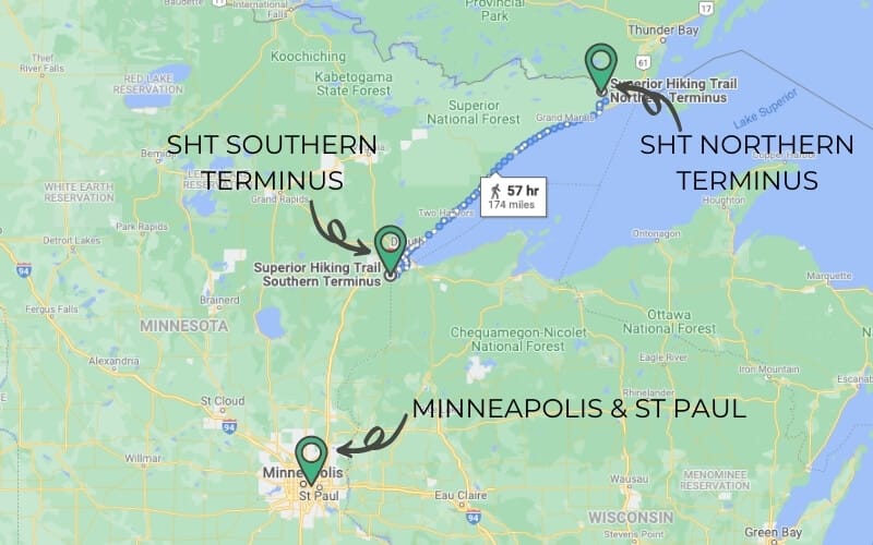 Map of northern Minnesota showing Minneapolis and St Paul in the south and the Superior Hiking Trail which extends along the north shore of Lake Superior from Canada to near Duluth.