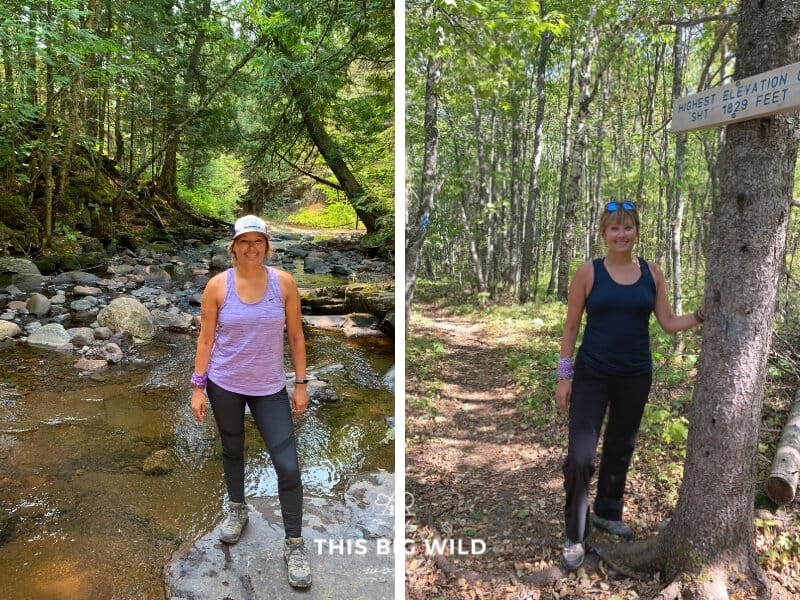 Left: Woman hiking in purple tank top, black leggings and hiking boots with a hat on. 
Right: Same woman hiking in a blue tank top, black pants and hiking boots with sunglasses.
Two different outfits for backpacking the Superior Hiking Trail.