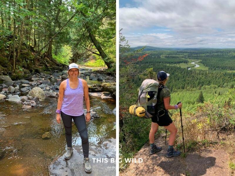 Left: Woman hiking in purple tank top, black leggings and hiking boots with a hat on.  Right: Same woman hiking in a short sleeve breathable button down shirt, black shorts, and hiking boots with a hat. Two different outfits for backpacking the Superior Hiking Trail.