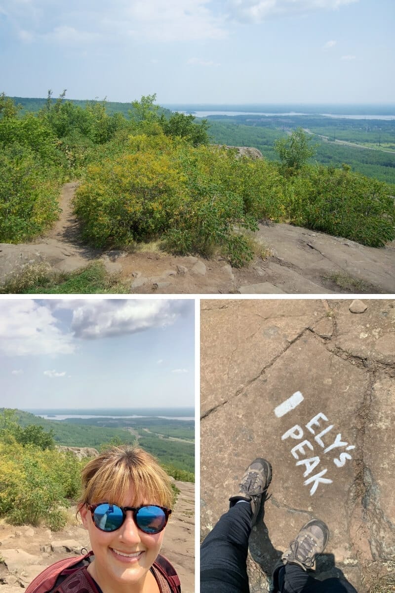 Top: View of the St Louis River from Ely's Peak. Bottom Left: Me at Ely's Peak, Bottom Right: My feet looking down at a rock painted with the words 'Ely's Peak' to indicate the trail turnoff.