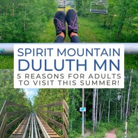 Text: Spirit Mountain Duluth MN - 5 reasons for adults to visit this summer. Images: View from the chair lift, the alpine coaster and the Superior Hiking Trail.