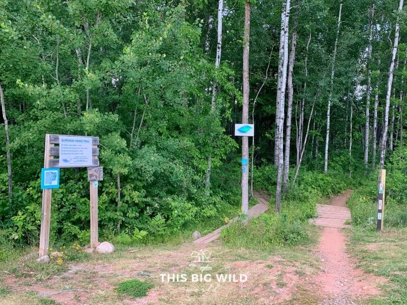 The Superior Hiking Trail trailhead from the Grand Avenue Chalet at Spirit Mountain is accessible from the parking area near the chair lift.