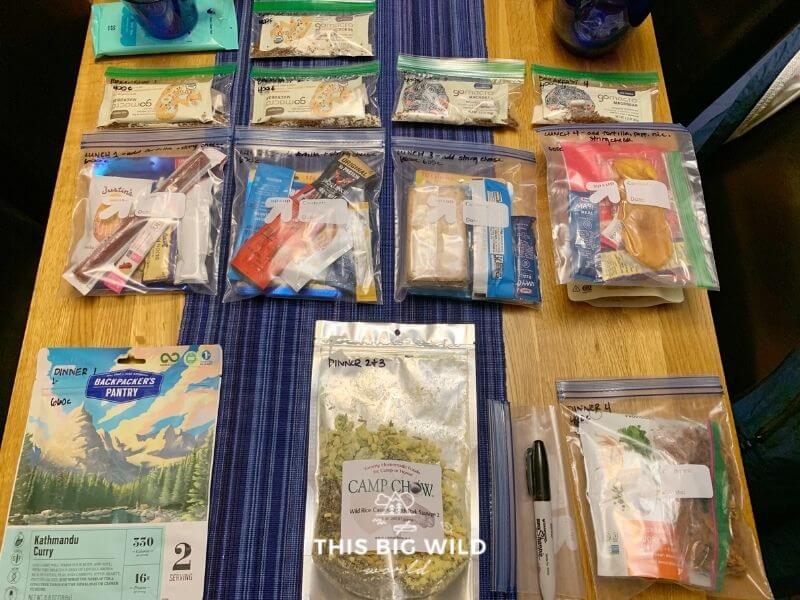Superior Hiking Trail backpacking food organized by day and meal into ziploc bags in final portions.