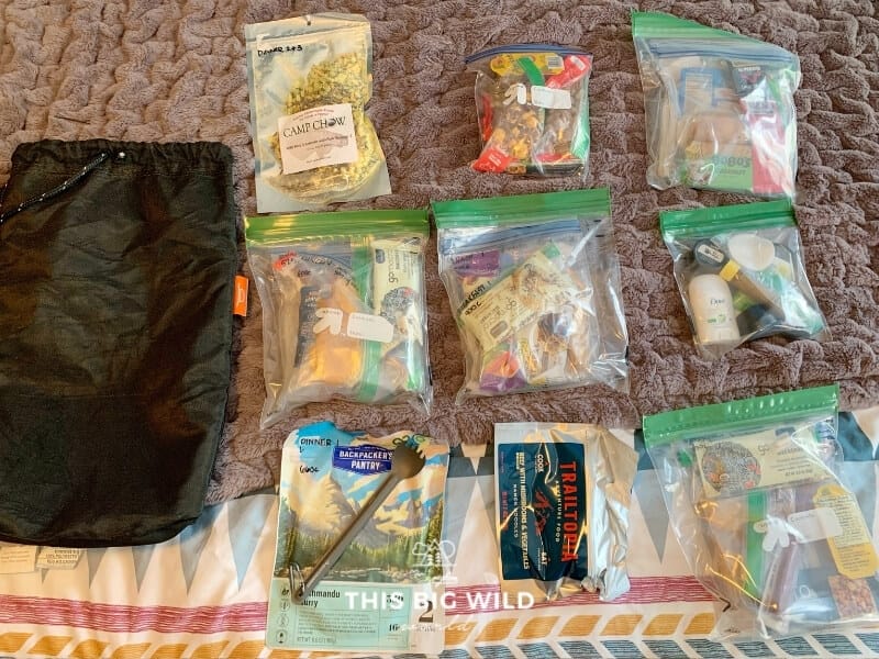 Pre-portioned backpacking food is organized into odor-proof bags and laying next to a bear-resistant bag.