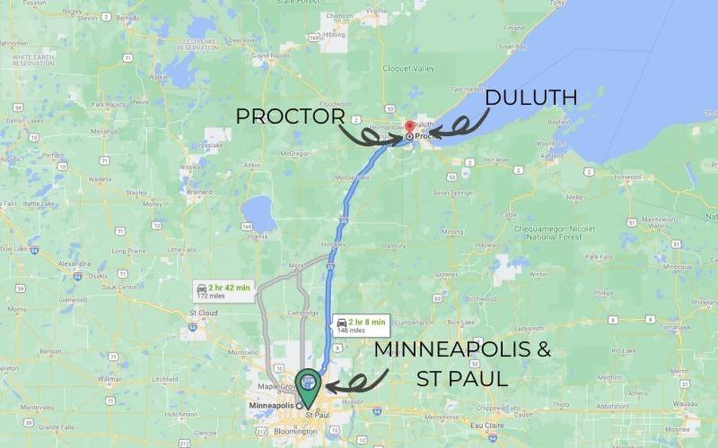 Map showing Proctor about 2 hours north of the Twin Cities, next to Duluth.