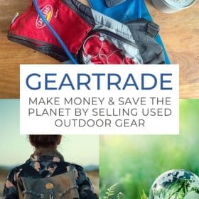 Text: Geartrade - make money and save the planet by selling used outdoor gear. Images show outdoor gear, a woman hiking and a closeup of a globe in the grass.