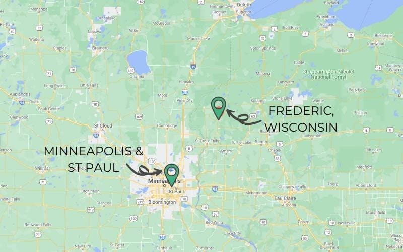 An overview map showing Frederic Wisconsin is about 80 miles northeast of the Twin Cities of Minneapolis and St Paul Minnesota.