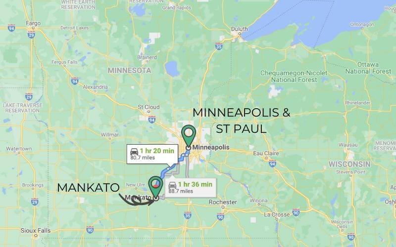 Overview map showing Mankato is about 80 miles southwest of the Twin Cities in Minnesota.