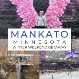Mankato Minnesota Winter Weekend Getaway with photos of a mural, double waterfalls and hockey game.