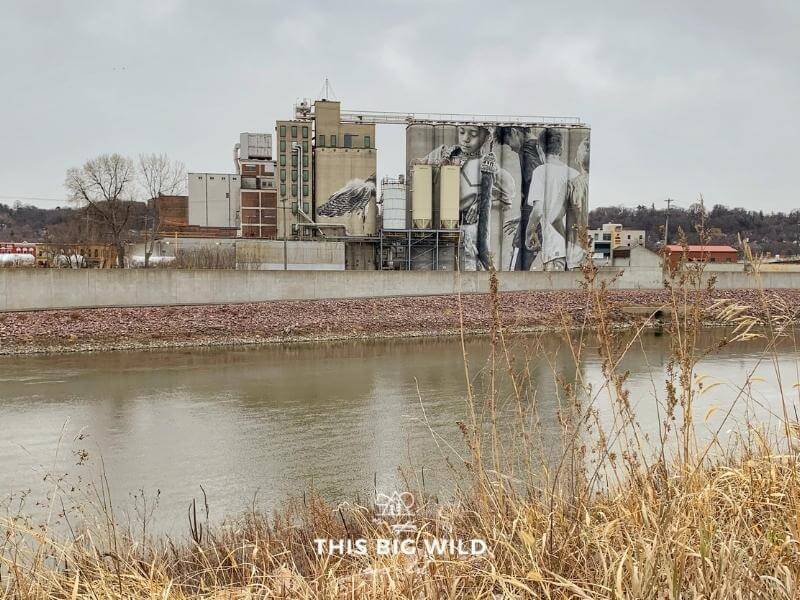 The Mankato silo art is a must-see in Mankato MN, shown here from across the river.