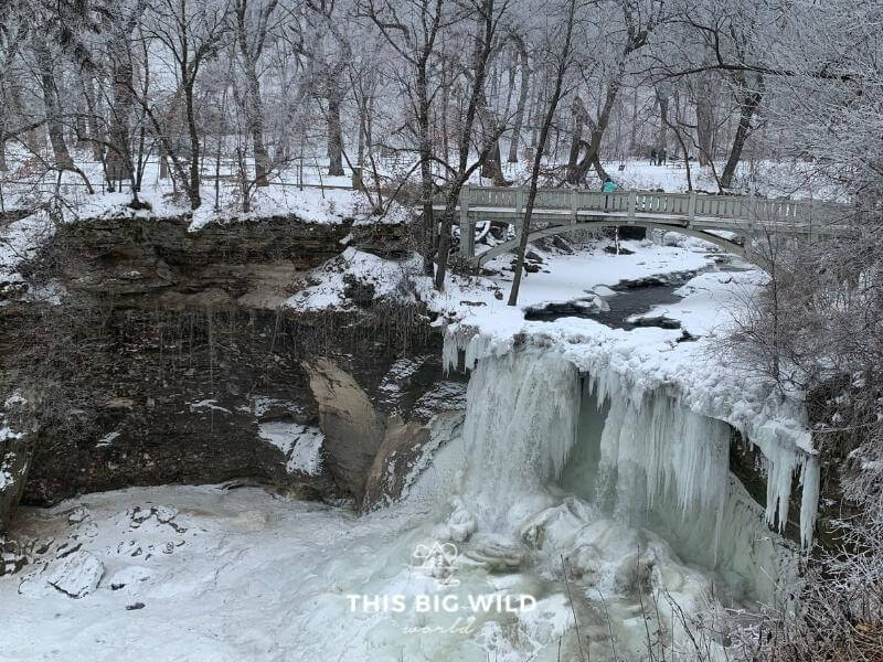 Minneopa Waterfall frozen in winter near Mankato MN.