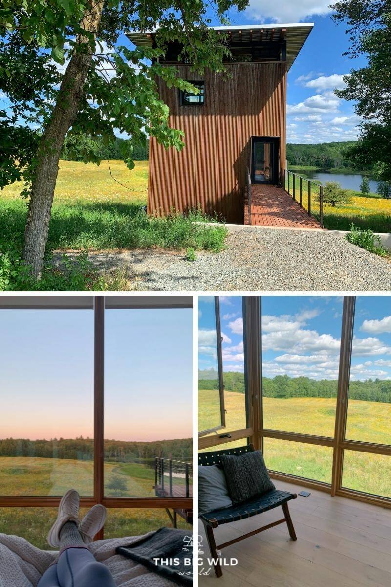 Nordlys MetalLark Tower is a Scandinavian inspired cabin located in Frederic Wisconsin that overlooks a field of wildflowers.