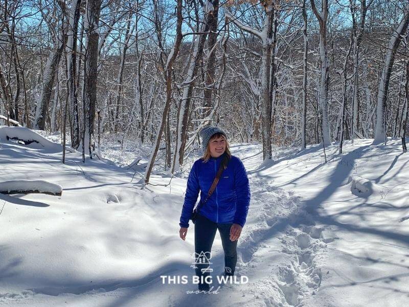 Winter hiking in Ramussen Woods park in Mankato.