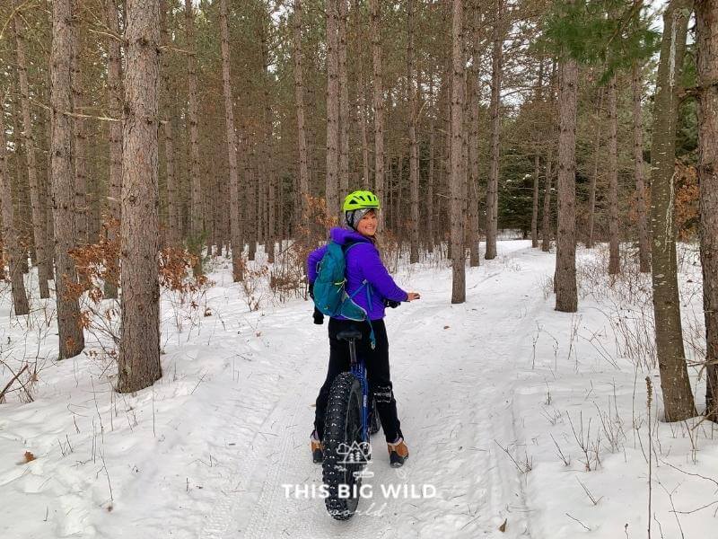 Groomed fat tire biking trail at the Hospital Trail in Hayward WI in winter.