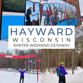 Hayward Wisconsin Winter Weekend Getaway - Photos of Hayward mural, cross country skiing in Hayward and fat tire biking in Hayward WI.