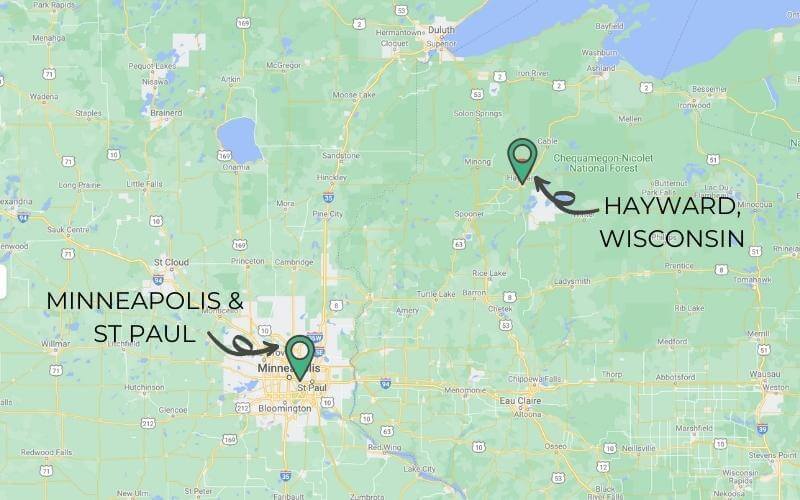 Map showing Hayward Wisconsin about 140 miles northeast of Minneapolis Minnesota.