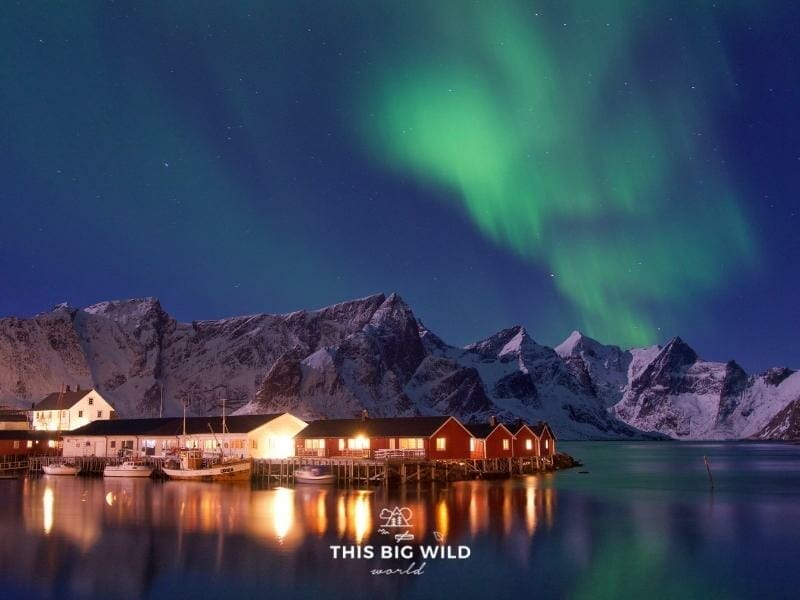 The Northern Lights make the Lofoten Islands in Norway a winter wonderland.