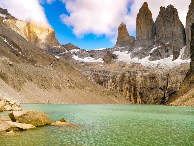 Torres del Paine National Park in Patagonia has cold temperatures and snow year-round.