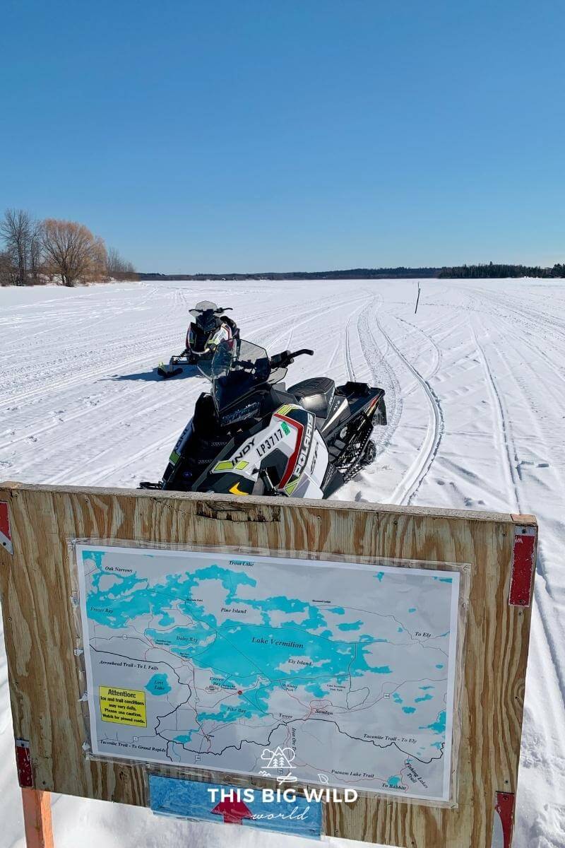 Large maps located on Lake Vermillion for navigating snowmobile trails in winter.