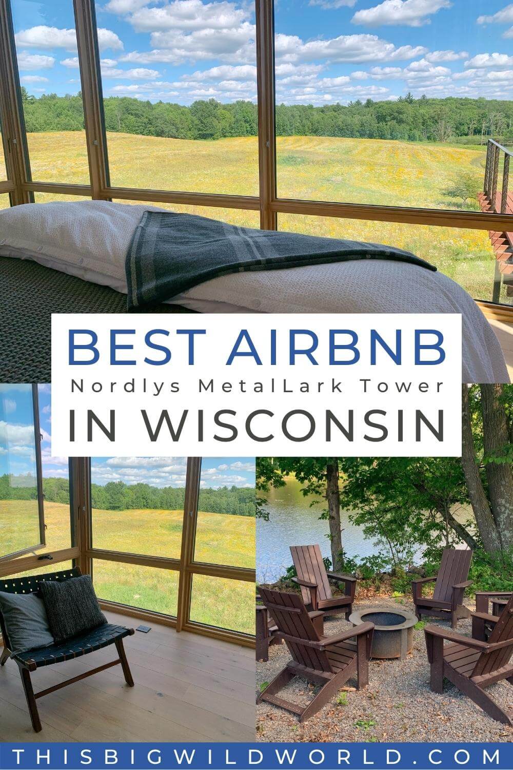 Scandinavian inspired modern cabin in Wisconsin overlooking a field of wildflowers.