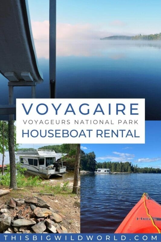 Voyagaire Houseboat Rental at Voyageurs National Park - images of houseboat parked and calm blue water.