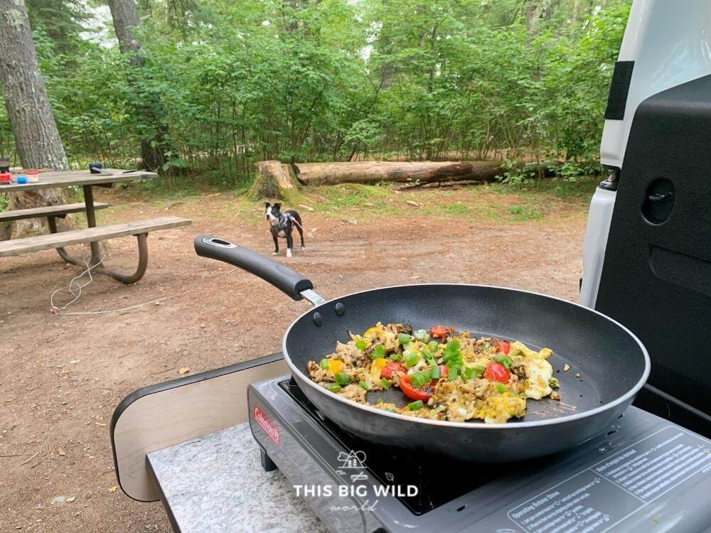 Making dinner over a camp stove while my dog, Hank, explores the campsite behind me at Bear Head Lake State Park.