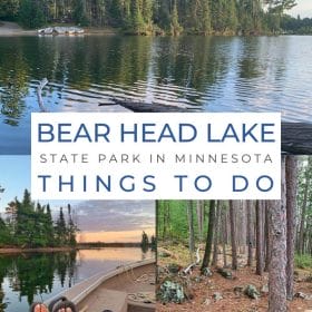 Bear Head Lake State Park in Minnesota with photos of the lake lined with tall pine trees, my feet on the side of a boat at sunset and red pine trees.
