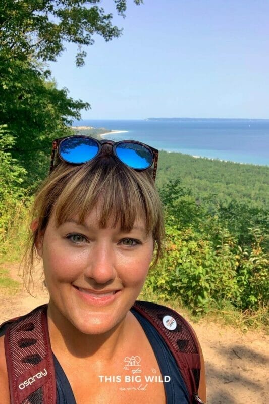 Me with Lake Michigan behind me on the Alligator Hill hiking trail at Sleeping Bear Dunes.