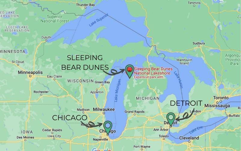 Map showing Sleeping Bear Dunes located in central Michigan along Lake Michigan.