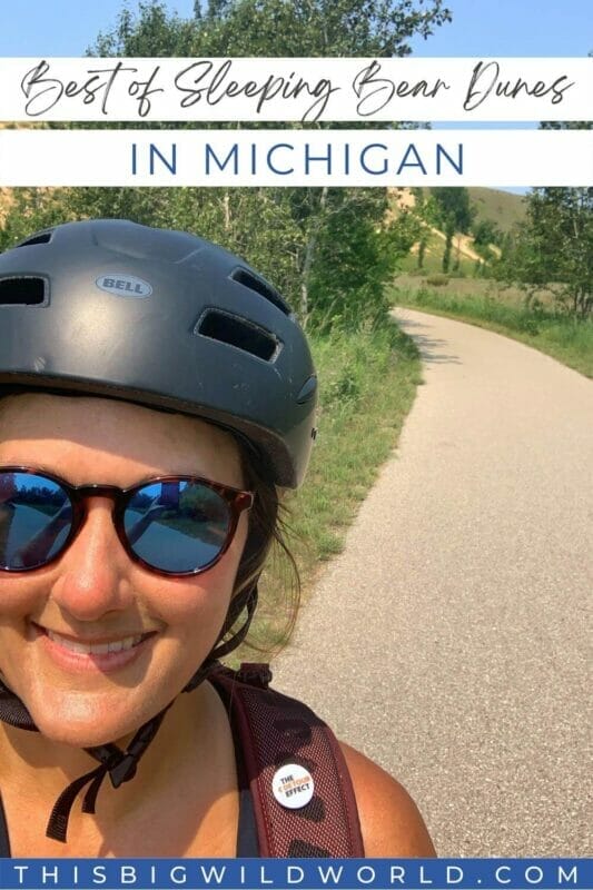 Best of Sleeping Bear Dunes in Michigan with image of me riding a bike next to sand dunes.
