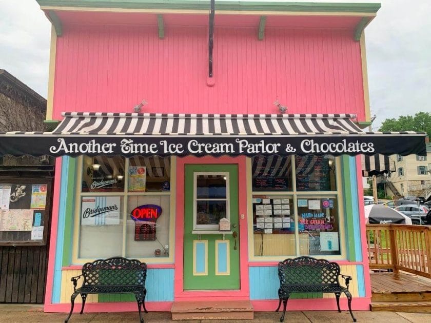 Brightly colored ice cream shoppe with old-time vibes in downtown Lanesboro MN.