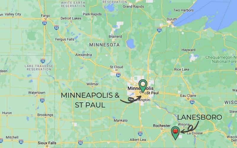 Map showing Lanesboro is southeast of the Twin Cities of Minneapolis and St Paul in Minnesota.